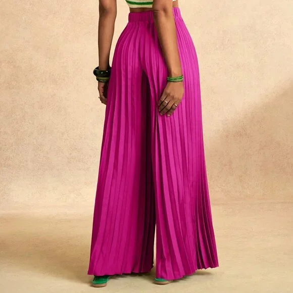 Hot Pink Casual Women's Pleated Elastic Waist Wide-Leg Pants - Picture 2 of 8